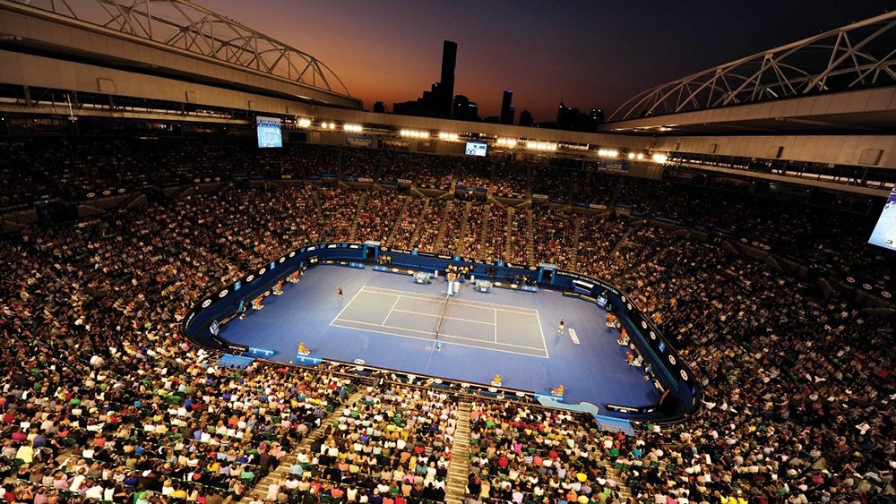 Aerial, night scene of final of Australian Open Tennis in Melbourne
