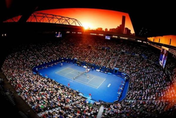 arial image of sunset over main court of Melbourne Tennis Stadium - Australian Open 2022
